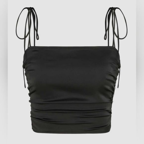 NWT Cider Black Satin Knotted Strap Square Neck Tank Top (XXS) - Picture 1 of 6